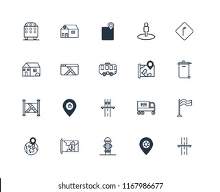 Set Of 20 linear icons such as Highway, Placeholder, Hydrant, Map, Globe, Turn, Gps, editable stroke vector icon pack