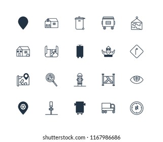 Set Of 20 linear icons such as Compass, Garbage truck, Bus, Parking, Placeholder, Map, House, Hydrant, Recycling bin, editable stroke vector icon pack
