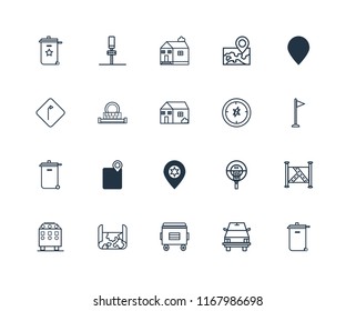Set Of 20 linear icons such as Recycle bin, School bus, Map, Recycling Placeholder, Compass, Trash Sewage, Church, editable stroke vector icon pack