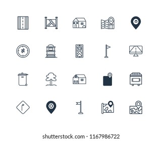 Set Of 20 linear icons such as Map, Flag, Placeholder, Turn, Toilet, Trash bin, Mailbox, House, editable stroke vector icon pack