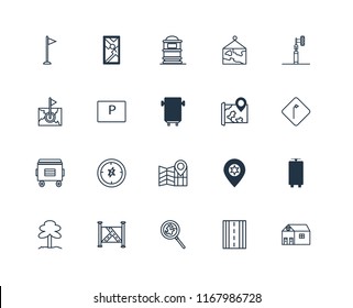Set Of 20 linear icons such as Toilet, Road, Search, Map, Park, Traffic light, Recycle bin, Parking, Mailbox, editable stroke vector icon pack