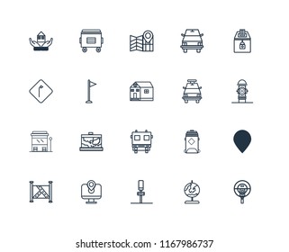 Set Of 20 linear icons such as Parking meter, Globe, Parking, Map, Elections, Police car, Fire truck, Bus stop, Flag, editable stroke vector icon pack