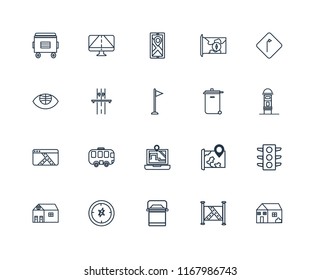 Set Of 20 linear icons such as House, Map, Lunchbox, Compass, Toilet, Turn, Recycling bin, Highway, editable stroke vector icon pack