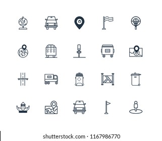 Set Of 20 linear icons such as Street view, Flag, School bus, Map, House, Parking meter, Recycle bin, Recycling Highway, Placeholder, editable stroke vector icon pack