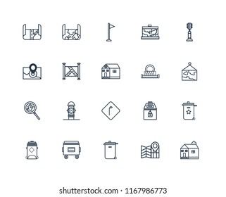 Set Of 20 linear icons such as Church, Map, Recycle bin, Recycling Traffic light, Sewage, Turn, Search, Flag, editable stroke vector icon pack