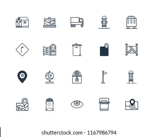 Set Of 20 linear icons such as Radar, Lunchbox, Globe, Recycling bin, Map, Gps, Elections, Placeholder, Garbage truck, editable stroke vector icon pack
