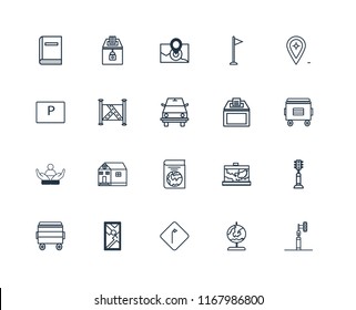 Set Of 20 linear icons such as Traffic light, Globe, Turn, Map, Bin, Placeholder, Recycling bin, Book, Social care, Radar, editable stroke vector icon pack