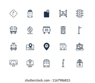Set Of 20 linear icons such as Elections, Street light, Recycling bin, Map, Gps, Traffic lights, Placeholder, Police car, Globe, editable stroke vector icon pack