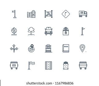 Set Of 20 linear icons such as Bin, Recycling bin, Road, Flag, Recycle truck, Elections, Mailbox, Turn, Park, Map, editable stroke vector icon pack