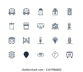 Set Of 20 linear icons such as Recycle bin, Turn, Globe, Placeholder, Traffic lights, Map, Parking, Trash Lunchbox, Recycling editable stroke vector icon pack