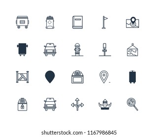 Set Of 20 linear icons such as Search, House, Turn, School bus, Elections, Radar, Parking, Recycling bin, Map, Road sweeper, Library, editable stroke vector icon pack
