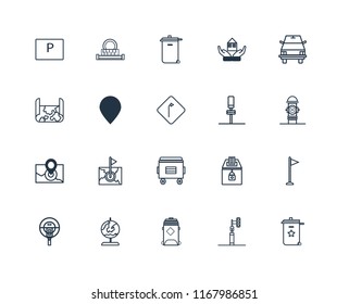 Set Of 20 linear icons such as Recycle bin, Hydrant, School bus, House, Parking meter, Sewage, Elections, Map, editable stroke vector icon pack