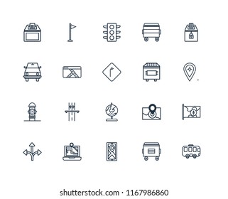 Set Of 20 linear icons such as Bus, Recycle bin, Map, Turn, Elections, Trash Globe, Hydrant, Traffic lights, editable stroke vector icon pack