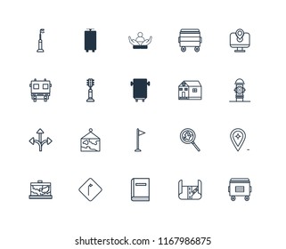 Set Of 20 linear icons such as Recycle bin, Map, Library, Turn, School, Flag, Traffic light, Social care, editable stroke vector icon pack