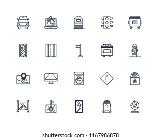 Set Of 20 linear icons such as Globe, Recycling bin, Map, Recycle Trash Book, Radar, Road, Mailbox, editable stroke vector icon pack