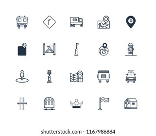 Set Of 20 linear icons such as School, Flag, Social care, Recycling bin, Highway, Placeholder, Globe, Map, Street view, truck, editable stroke vector icon pack