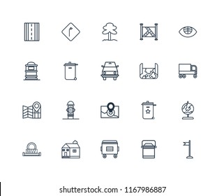 Set Of 20 linear icons such as Flag, Lunchbox, Recycle bin, Church, Sewage, Globe, Map, Radar, Recycling Park, editable stroke vector icon pack