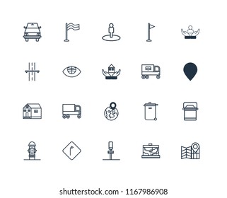 Set Of 20 linear icons such as Map, Parking, Turn, Hydrant, Social care, Recycling truck, Globe, School, Street view, editable stroke vector icon pack