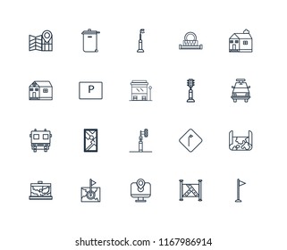 Set Of 20 linear icons such as Flag, Map, Church, Traffic light, Fire truck, Parking, Street editable stroke vector icon pack