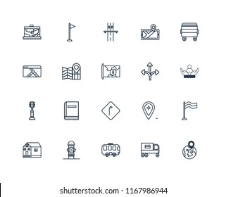 Set Of 20 linear icons such as Globe, Recycling truck, Bus, Hydrant, School, Bin, Turn, Traffic light, Map, Highway, editable stroke vector icon pack