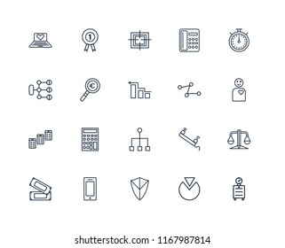 Set Of 20 linear icons such as Alarm clock, Employee, Chronometer, Telephone, Money, Prize, Phone call, Diagram, editable stroke vector icon pack