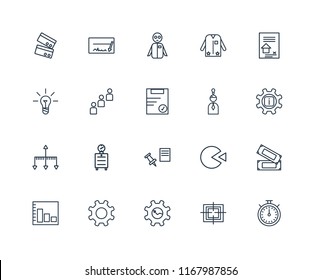 Set Of 20 linear icons such as Chronometer, Target, Gear, Bar chart, Contract, Idea, Push pin, Hierarchical structure, Group, editable stroke vector icon pack