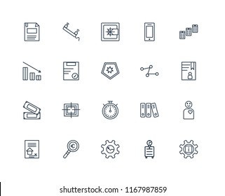 Set Of 20 linear icons such as Info, Alarm clock, Gear, Magnifying glass, Contract, Newspaper, Line chart, Chronometer, Money, Clipboard, Safebox, editable stroke vector icon pack