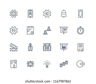 Set Of 20 linear icons such as Pie chart, Newspaper, Idea, Target, Accounts, Smartphone, Analytics, Calendar, Money, Clipboard, Gear, editable stroke vector icon pack