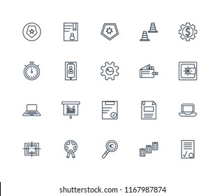 Set Of 20 linear icons such as Contract, Newspaper, Magnifying glass, Prize, Target, Gear, Wallet, Clipboard, Laptop, Smartphone, Shield, editable stroke vector icon pack
