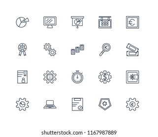 Set Of 20 linear icons such as Gear, Shield, Clipboard, Laptop, Euro, Magnifying glass, Chronometer, Accounts, Analytics, editable stroke vector icon pack