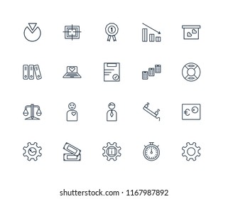 Set Of 20 linear icons such as Gear, Chronometer, Info, Money, Presentation, Newspaper, Businessman, Balance, Laptop, Prize, editable stroke vector icon pack