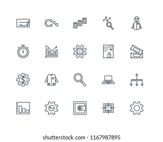 Set Of 20 linear icons such as Gear, Target, Safebox, Bar chart, Group, Accounts, Magnifying glass, Analytics, Newspaper, editable stroke vector icon pack