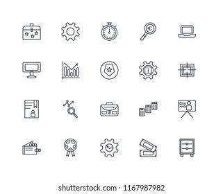 Set Of 20 linear icons such as Cabinet, Money, Gear, Prize, Wallet, Laptop, Info, Briefcase, Accounts, Analytics, Chronometer, editable stroke vector icon pack
