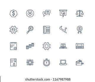 Set Of 20 linear icons such as Wallet, Laptop, Chronometer, Target, Accounts, Balance, Phone call, Gear, Clipboard, Magnifying glass, Chat, editable stroke vector icon pack