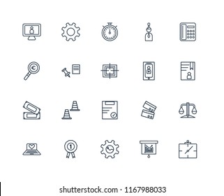 Set Of 20 linear icons such as Wall clock, Bar chart, Gear, Prize, Laptop, Telephone, Smartphone, Clipboard, Money, Push pin, Chronometer, editable stroke vector icon pack