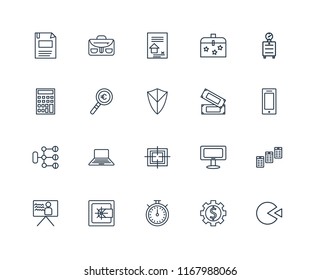 Set Of 20 linear icons such as Pie chart, Gear, Chronometer, Safebox, Presentation, Alarm clock, Money, Target, Diagram, Magnifying glass, Contract, editable stroke vector icon pack