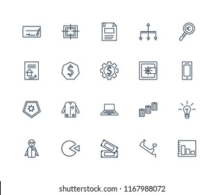 Set Of 20 linear icons such as Bar chart, Phone call, Money, Pie Group, Magnifying glass, Safebox, Laptop, Shield, Dollar, Diskette, editable stroke vector icon pack