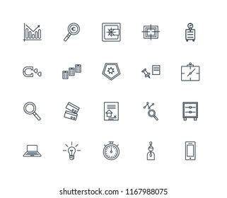 Set Of 20 linear icons such as Smartphone, Idea, Chronometer, Laptop, Alarm clock, Push pin, Contract, Magnifying glass, Newspaper, Safebox, editable stroke vector icon pack