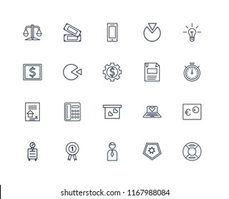 Set Of 20 linear icons such as Lifeguard, Shield, Businessman, Prize, Alarm clock, Idea, Diskette, Presentation, Contract, Pie chart, Smartphone, editable stroke vector icon pack