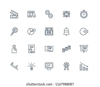 Set Of 20 linear icons such as Bar chart, Prize, Laptop, Idea, Phone call, Chronometer, Bell, Presentation, Employee, Pie Gear, editable stroke vector icon pack