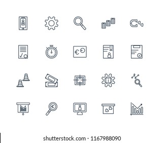 Set Of 20 linear icons such as Analytics, Presentation, Monitor, Magnifying glass, Bar chart, Magnet, Accounts, Target, Cone, Chronometer, editable stroke vector icon pack