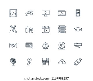 Set Of 20 linear icons such as Pendrive, Cloud, Desk, Listening, Earth globe, Smartphone, Questions, De, Wikipedia, Audiobook, Video player, editable stroke vector icon pack