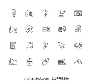 Set Of 20 linear icons such as Cloud, Student, Pendrive, Video player, Book, Browser, Translator, Listening, Vocabulary, Wikipedia, Idea, editable stroke vector icon pack