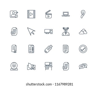 Set Of 20 linear icons such as Chat, Xls, Desk, Science book, Webcam, Listening, Professor, Pendrive, Certificate, Mouse, Video player, editable stroke vector icon pack