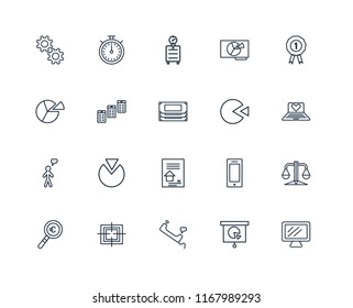 Set Of 20 linear icons such as Laptop, Presentation, Phone call, Target, Magnifying glass, Prize, Pie chart, Contract, User, Newspaper, Alarm clock, editable stroke vector icon pack