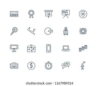 Set Of 20 linear icons such as User, Chat, Chronometer, Dollar, Briefcase, Shield, Alarm clock, Smartphone, Monitor, Phone call, Presentation, editable stroke vector icon pack