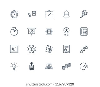 Set Of 20 linear icons such as Pie chart, Newspaper, Laptop, Alarm clock, Idea, Magnifying glass, Prize, Cit card, Euro, Analytics, Wall editable stroke vector icon pack