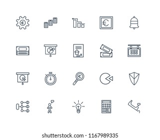 Set Of 20 linear icons such as Phone call, Calculator, Idea, User, Diagram, Bell, Money, Magnifying glass, Presentation, Analytics, editable stroke vector icon pack