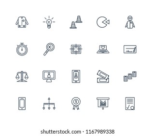 Set Of 20 linear icons such as Contract, Bar chart, Prize, Hierarchical structure, Smartphone, Group, Laptop, Balance, Magnifying glass, Cone, editable stroke vector icon pack