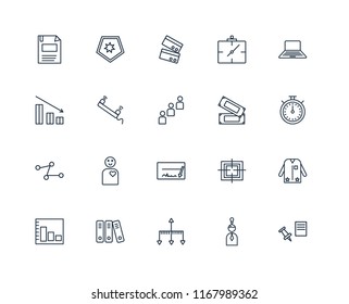 Set Of 20 linear icons such as Push pin, Idea, Hierarchical structure, Archive, Bar chart, Laptop, Money, Cheque, Line Phone call, Cit card, editable stroke vector icon pack